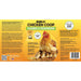 Front and back labels of Microbe-Lift Chicken Coop Cleaner and Deodorizer spray, featuring a yellow and orange design with a chicken and chicks illustration, product details, and a barcode.