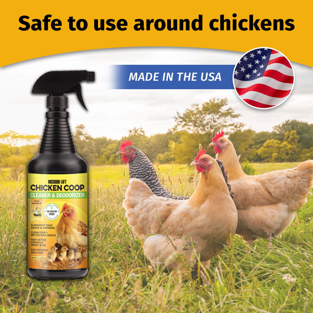 Chicken coop cleaner and deodorizer bottle with chickens in a field, made in the USA.