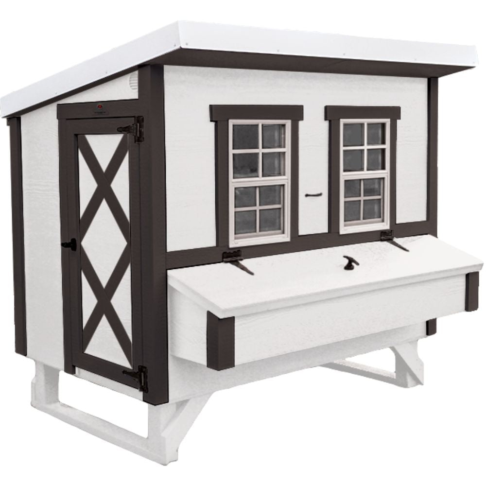 White chicken coop with black trim and two windows on a white background.