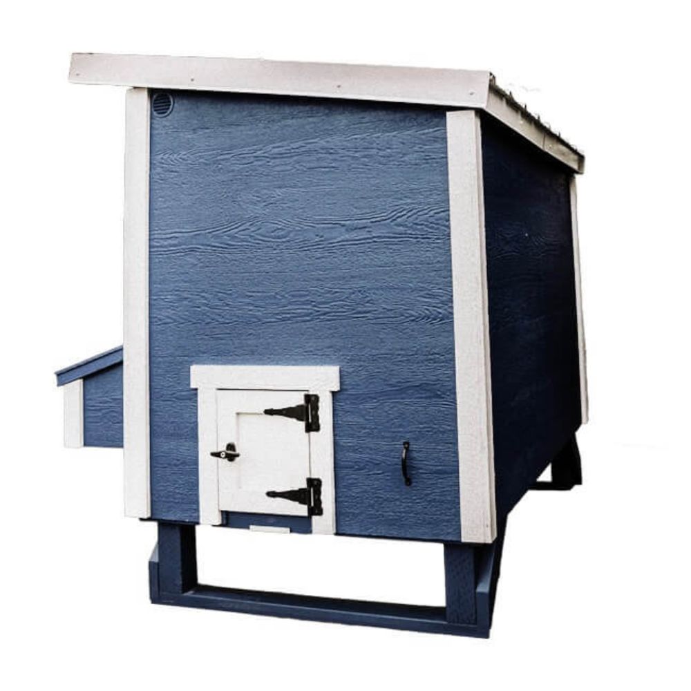 A blue and white chicken coop side view with square white exit door.