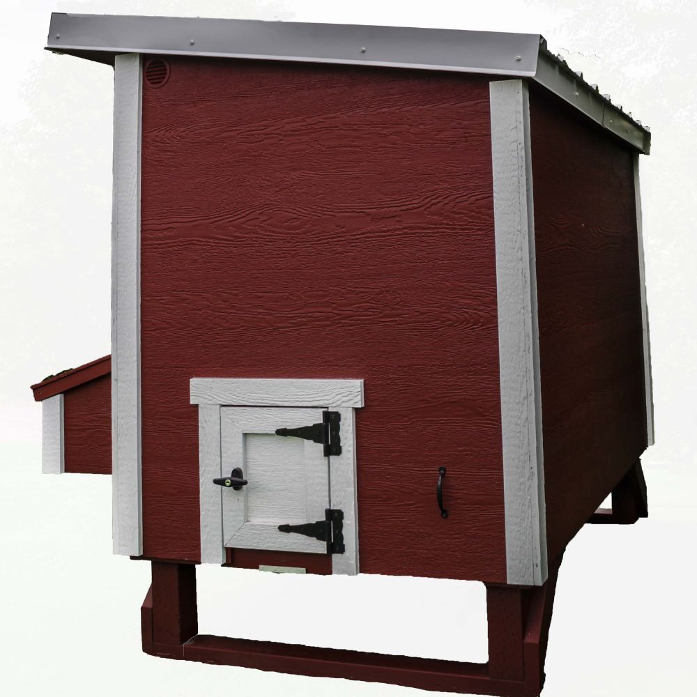 A red and white chicken coop showing square side chicken access door.