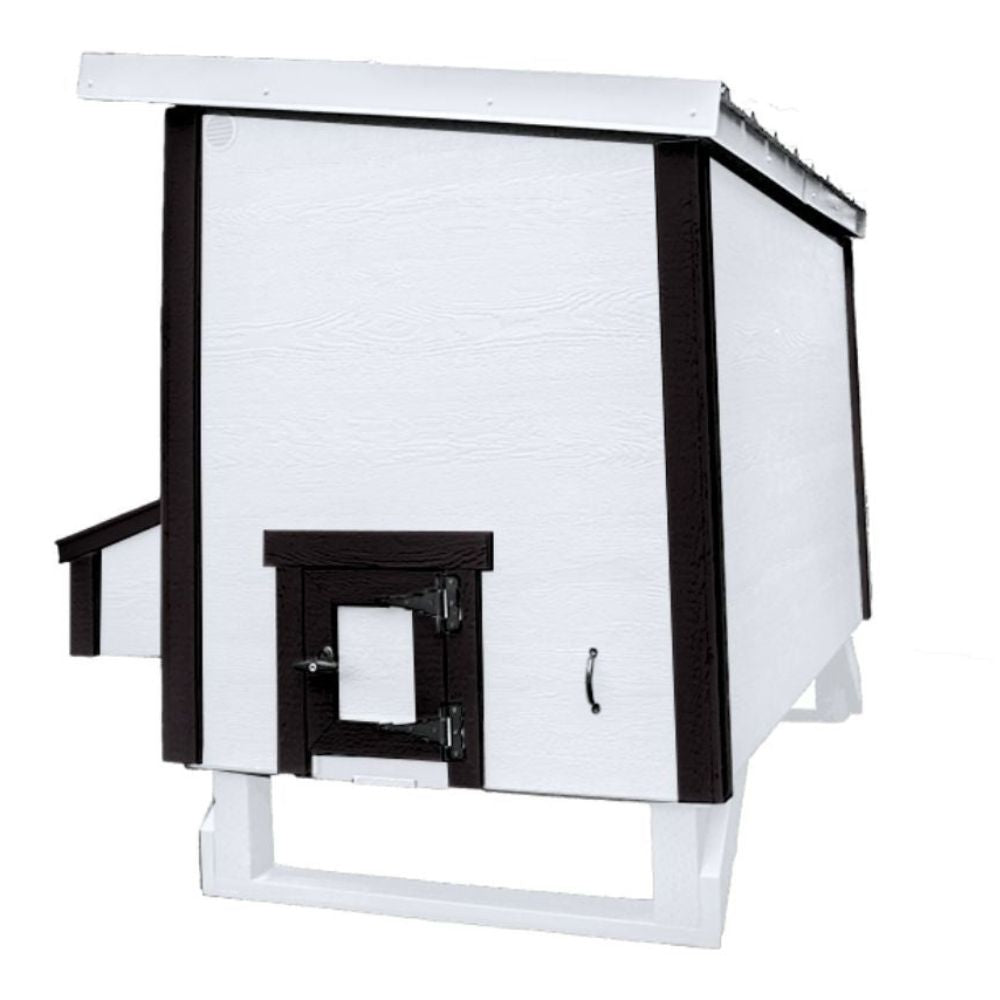 A white chicken coop with black trim and a small black chicken access door, shown on a plain white background.