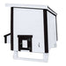 A white chicken coop with black trim and a small black chicken access door, shown on a plain white background.