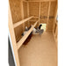 A wooden chicken coop interior with two raised roosts and 6 chickens.