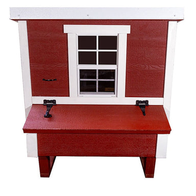 Red and white wooden chicken coop, front view, with nesting box and one window.