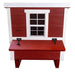 Red and white wooden chicken coop, front view, with nesting box and one window.