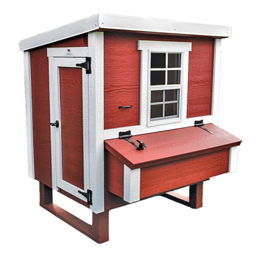  Red and white wooden chicken coop with a front nesting box and one window.