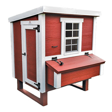  Red and white wooden chicken coop with a front nesting box and one window.