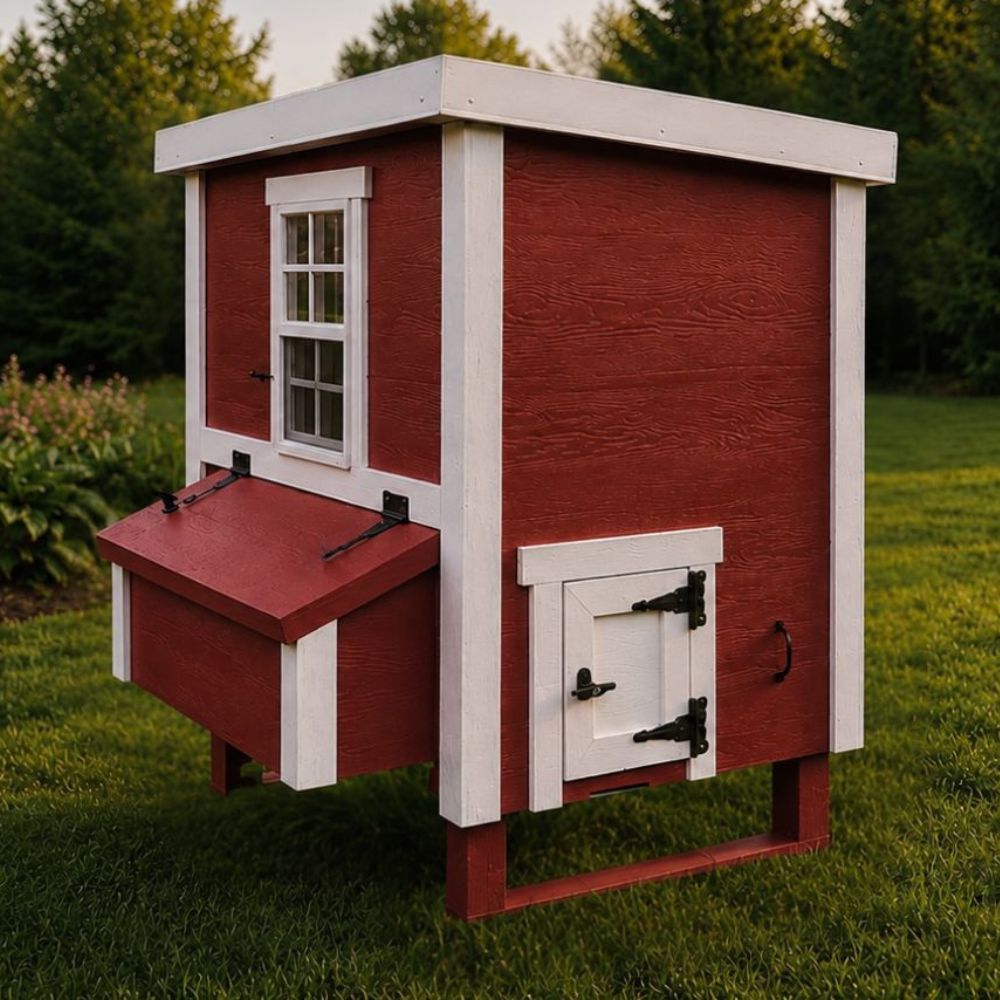 Red and white wooden chicken coop, outside at dusk.