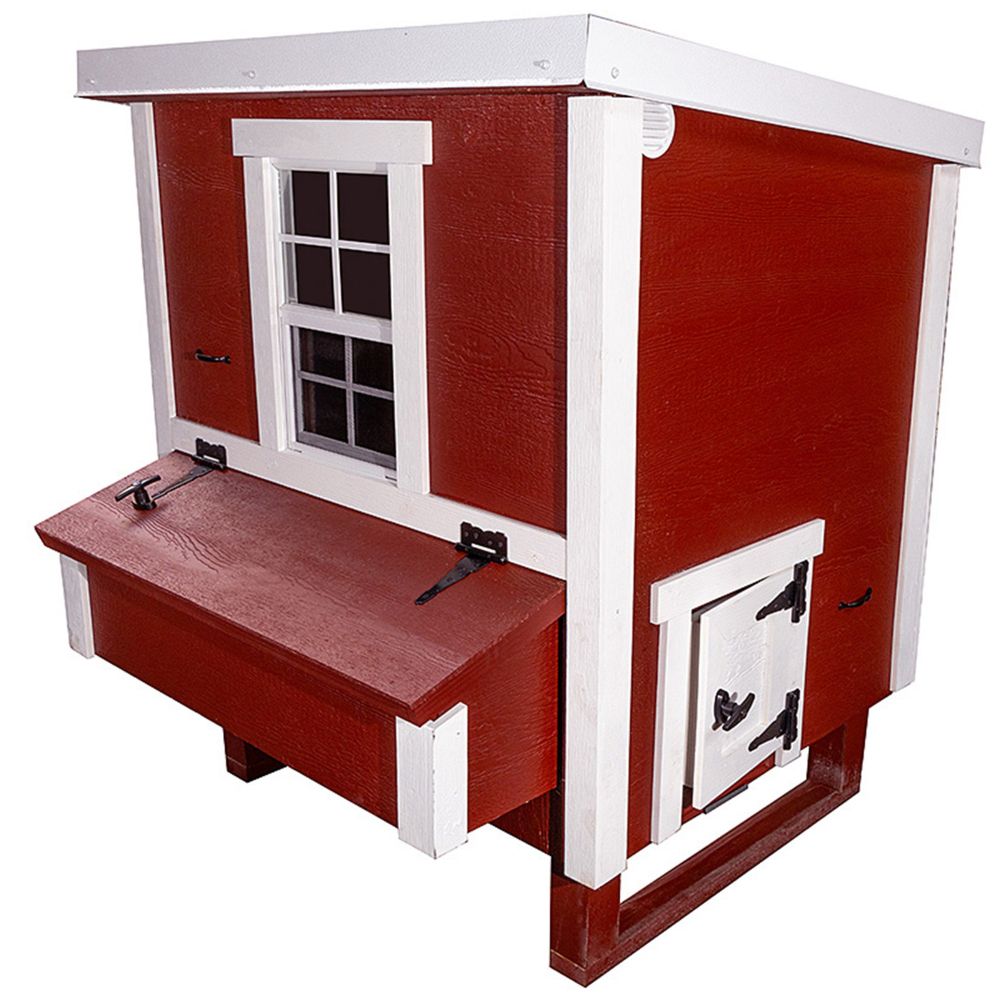 A red and white wooden chicken coop with an attached red nesting box, white trim, a window, and a small door.