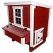 A red and white wooden chicken coop with an attached red nesting box, white trim, a window, and a small door.