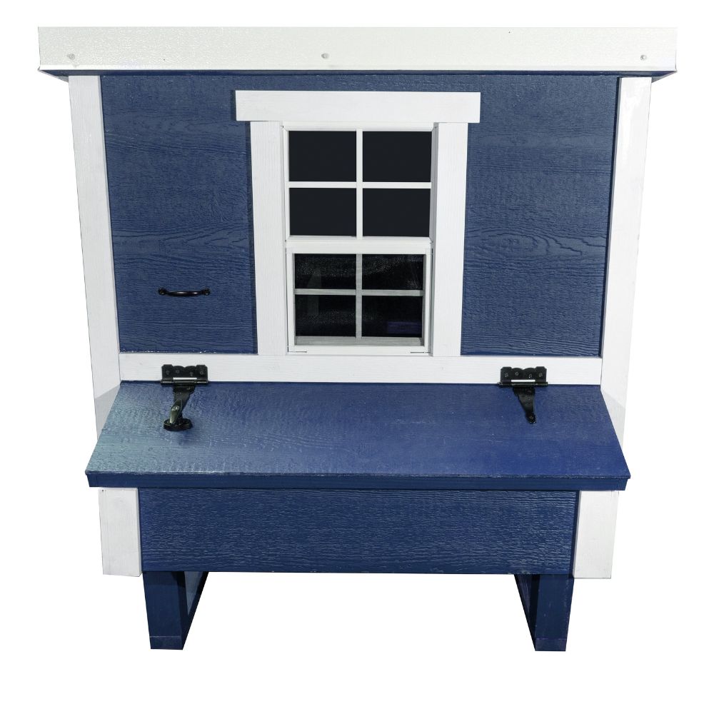 White and blue wooden chicken coop with nesting box from the front on a white background.