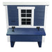 White and blue wooden chicken coop with nesting box from the front on a white background.