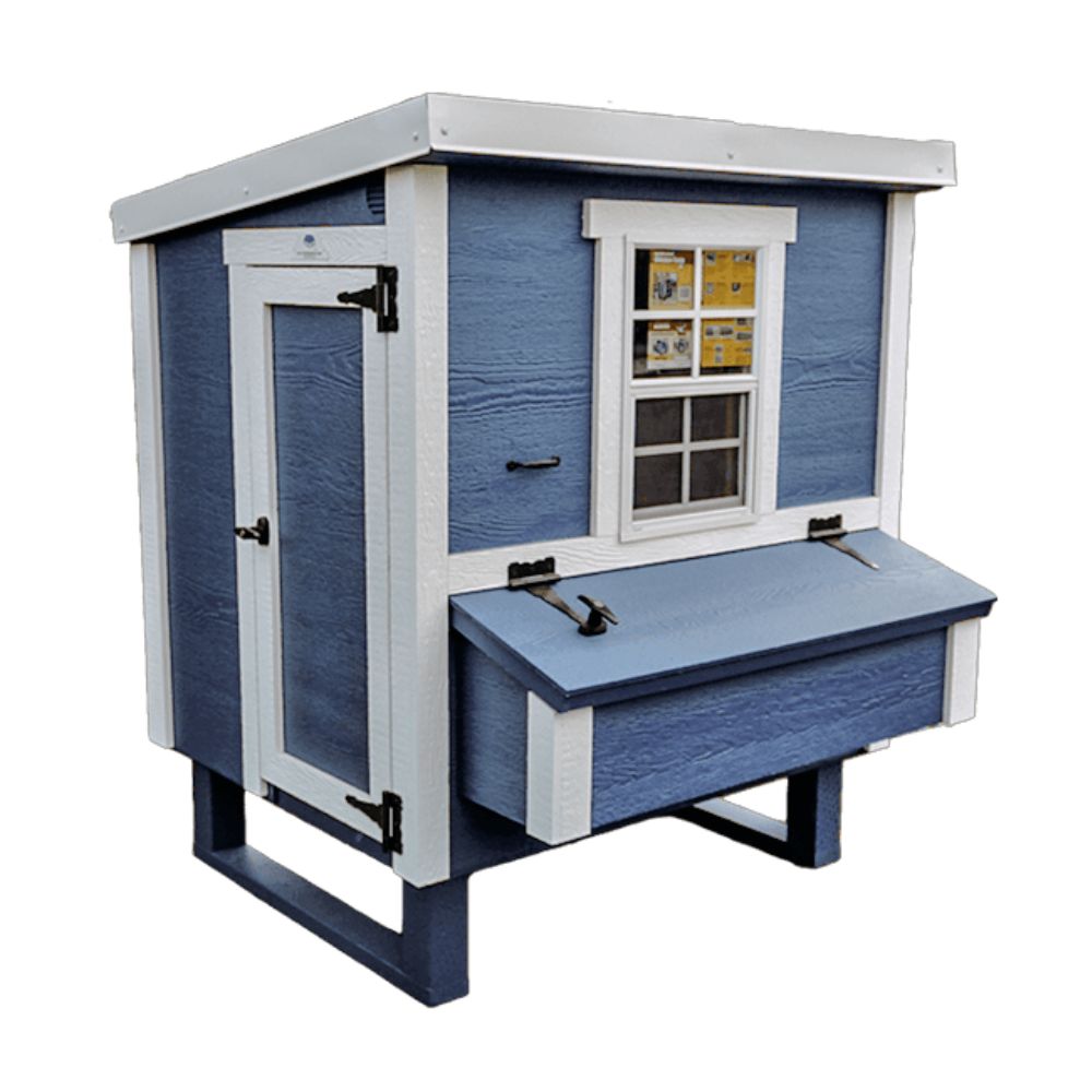 Blue and white wooden chicken coop with a nesting box and one window.