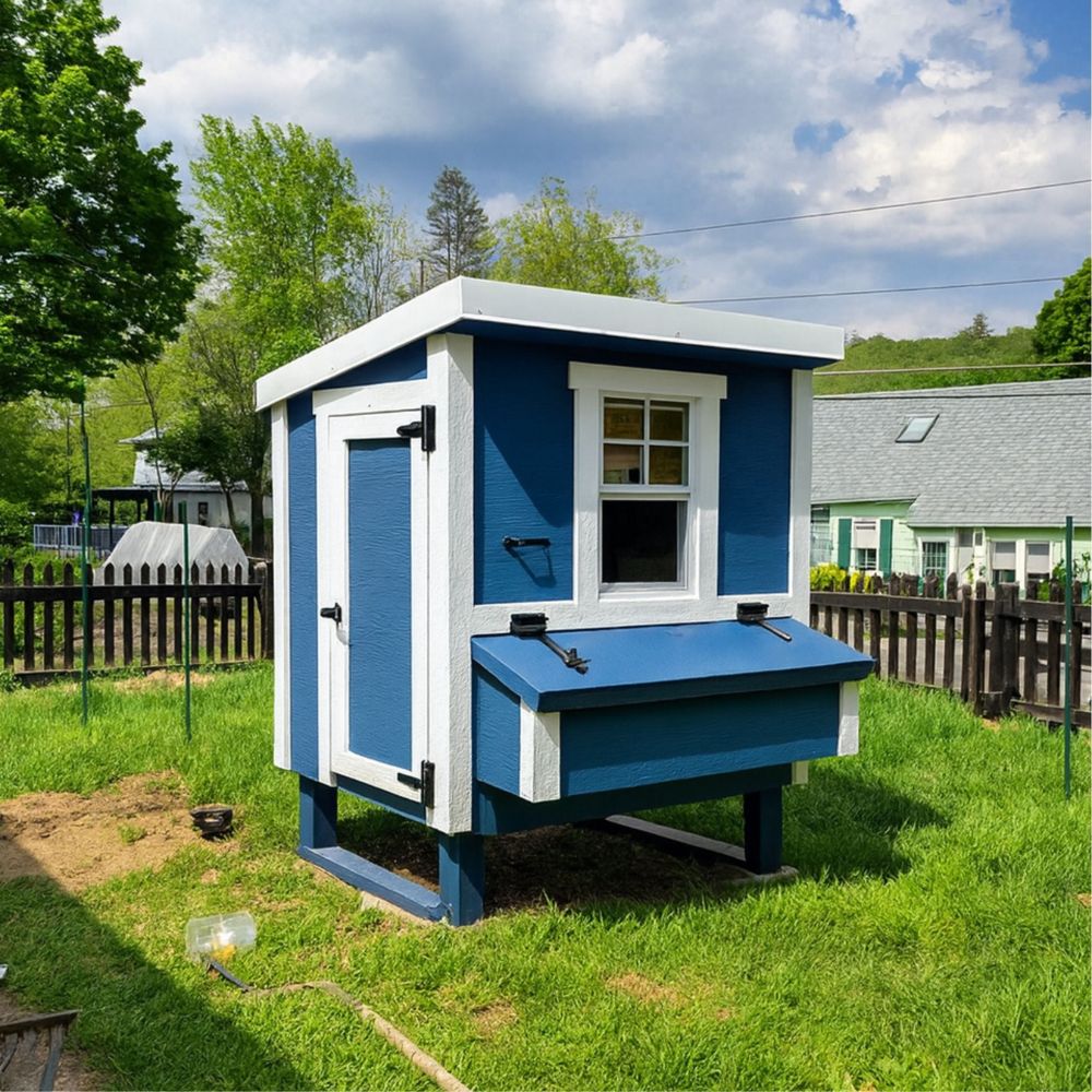 Blue and white chicken coop on a grassy area with trees and houses in the background