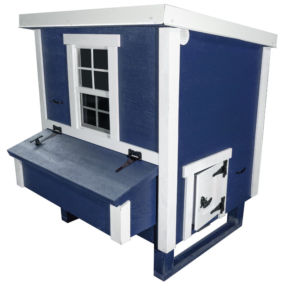 Blue and white wooden chicken coop side view with the nesting box and chicken entrance.