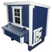 Blue and white wooden chicken coop side view with the nesting box and chicken entrance.