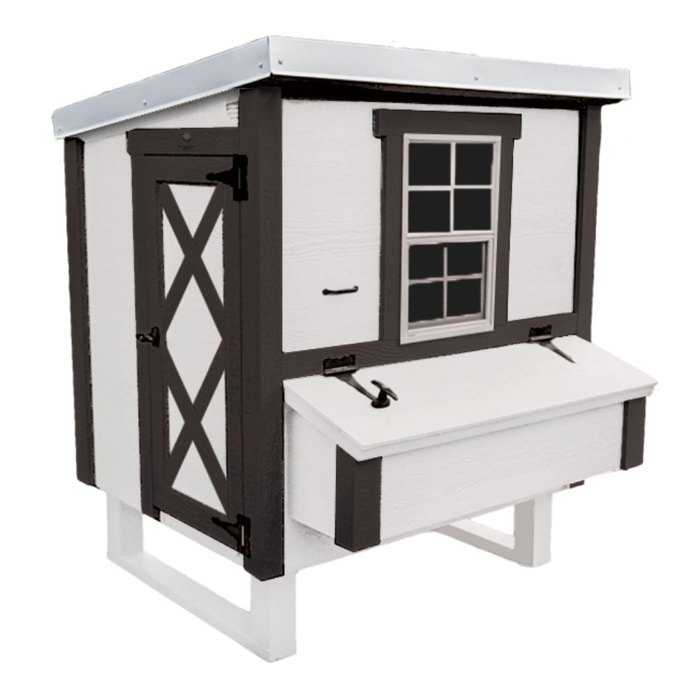 White and black chicken coop with a nesting box and large entry door.