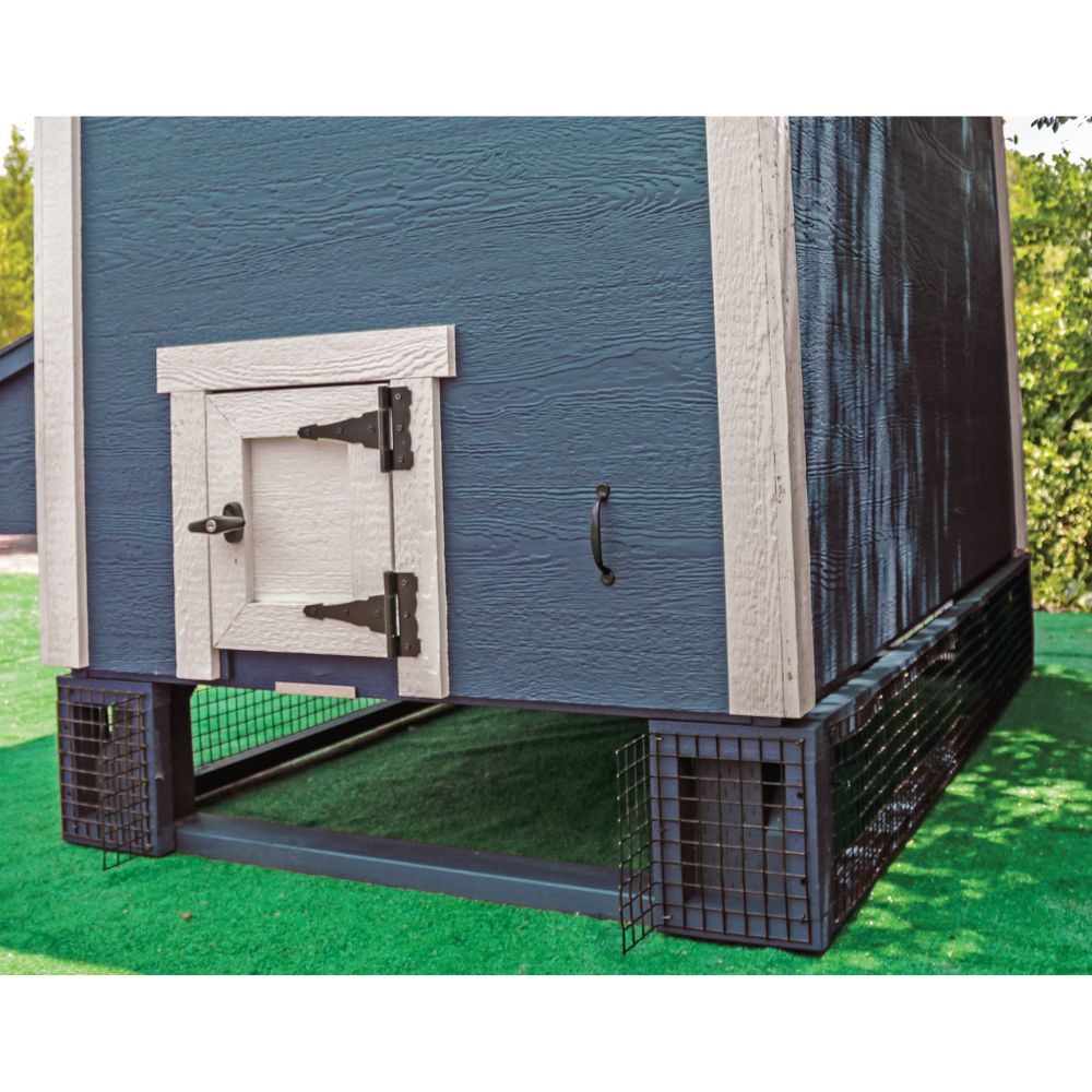 Blue wooden panels with black mesh showing an opening under the elevated chicken coop. 