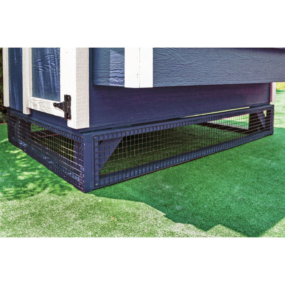 Blue wooden panels with black mesh, corner back view showing three enclosed sides.