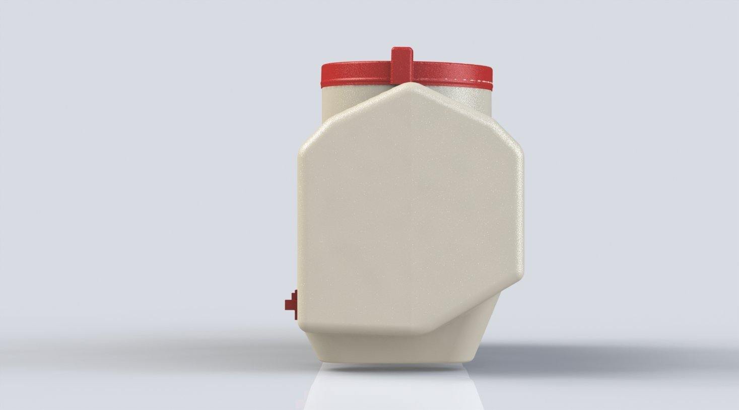 Side view of the beige and red chicken waterer on a white background.