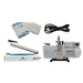 Blue Alpine vacuum pump kit with a white and silver vacuum pump, a white heat sealer, a black power cord, a mylar bags, and oxygen absorbers on a white background.