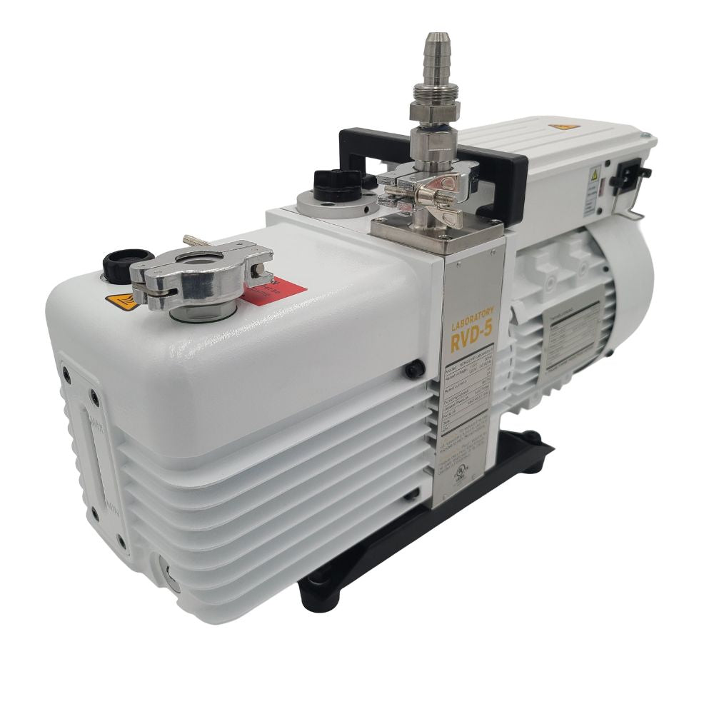 Commercial vacuum pump on a white background, angled top view.