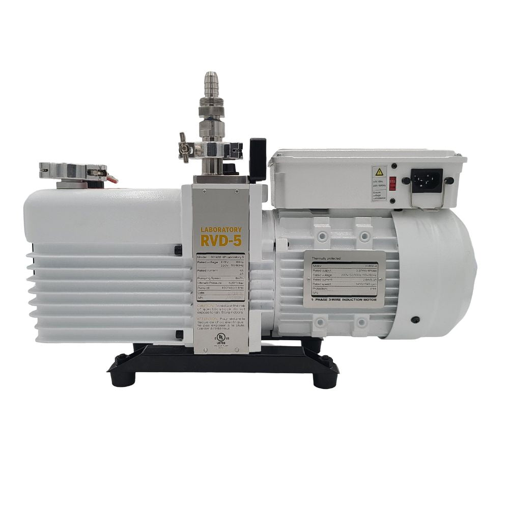 Commercial vacuum pump on a white background, side view.
