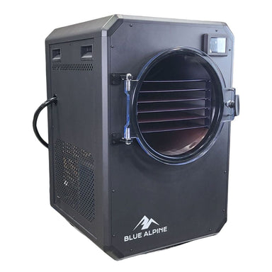 Blue Alpine angle view large elite freeze dryer featuring a flat black front panel, black side, and a circular transparent door with a black interior.