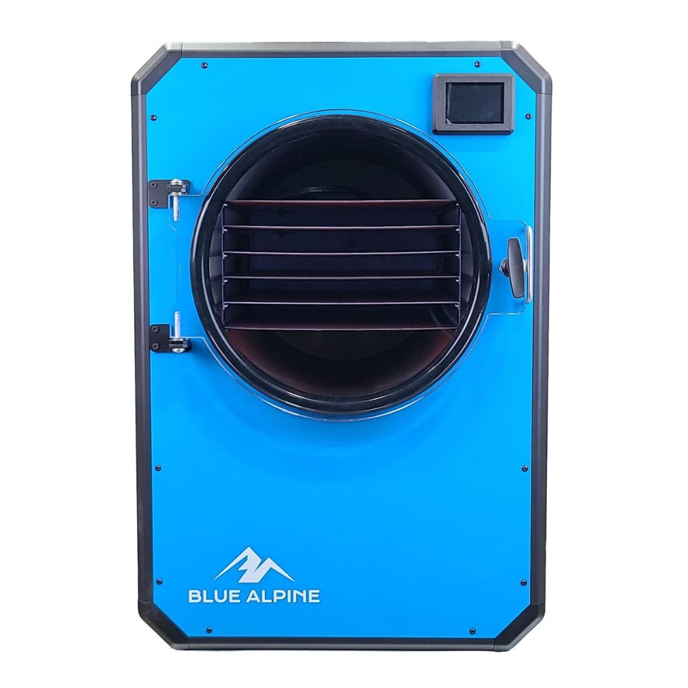 Blue Alpine angle view large elite freeze dryer featuring a bright blue front panel, black side, and a circular transparent door with a black interior.