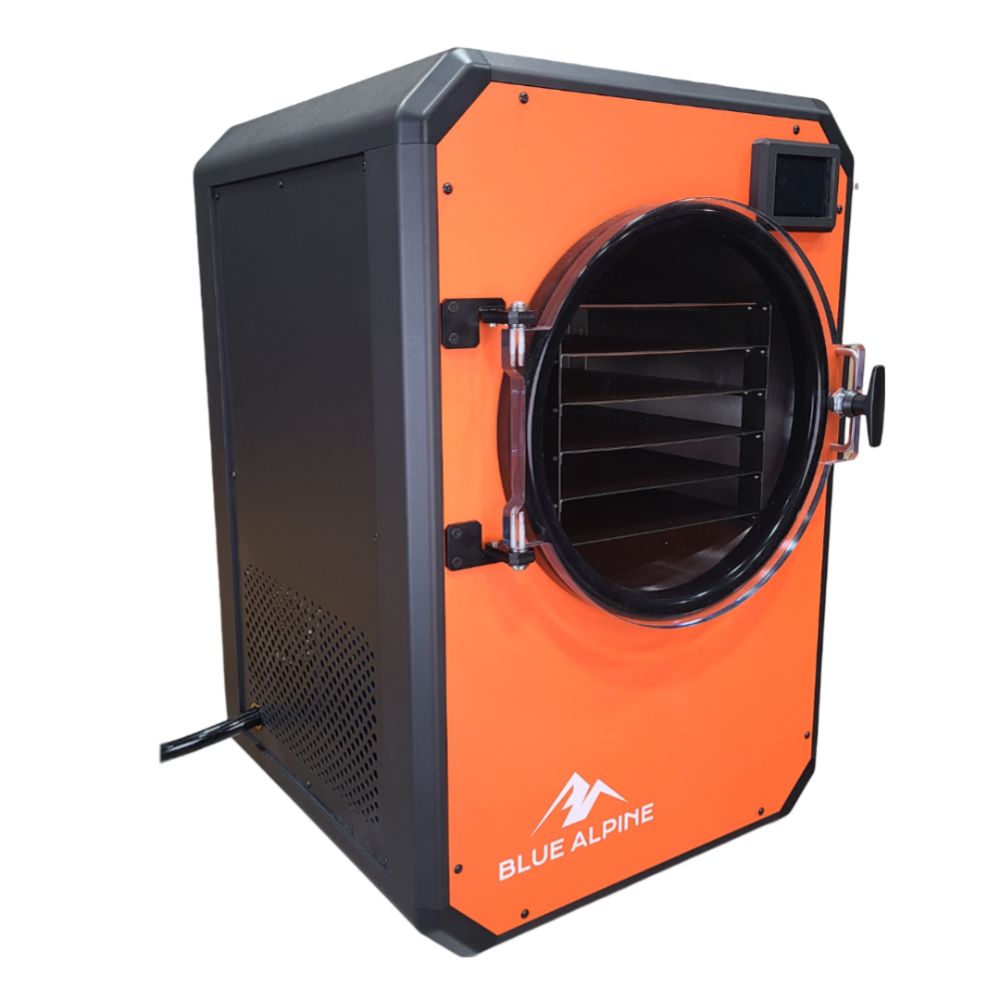 Blue Alpine angle view medium elite freeze dryer featuring a blazing orange front panel, black side, and a circular transparent door with a black interior.