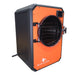 Blue Alpine angle view medium elite freeze dryer featuring a blazing orange front panel, black side, and a circular transparent door with a black interior.