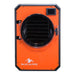 Blue Alpine angle view medium elite freeze dryer featuring a blazing orange front panel, black side, and a circular transparent door with a black interior.