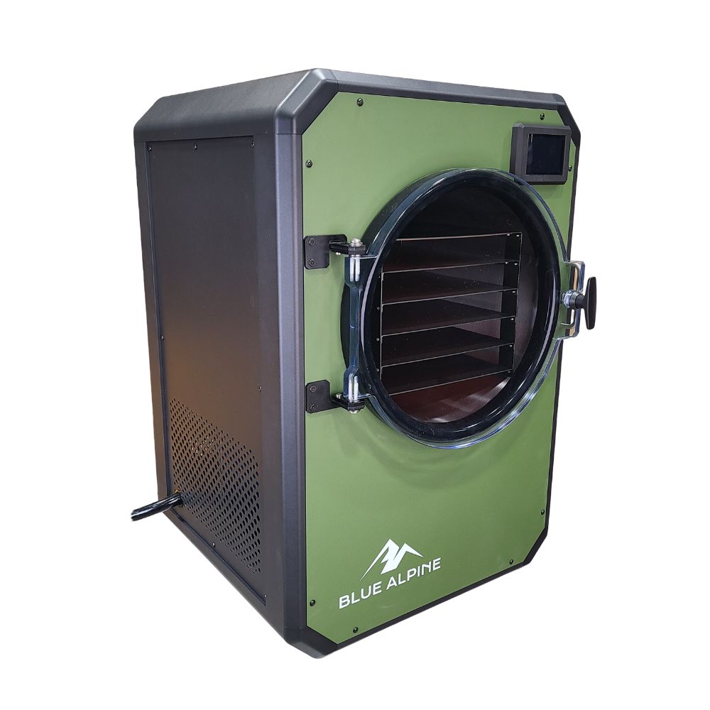 Blue Alpine angle view medium elite freeze dryer featuring a forest green front panel, black side, and a circular transparent door with a black interior.