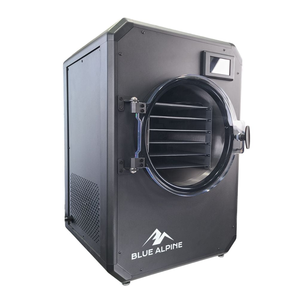 Blue Alpine angle view medium elite freeze dryer featuring a flat black front panel, black side, and a circular transparent door with a black interior.