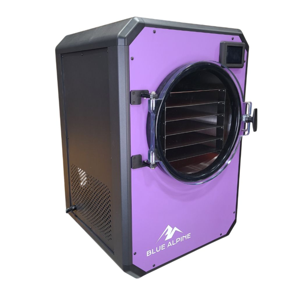 Blue Alpine angle view medium elite freeze dryer featuring a bright pruple front panel, black side, and a circular transparent door with a black interior.