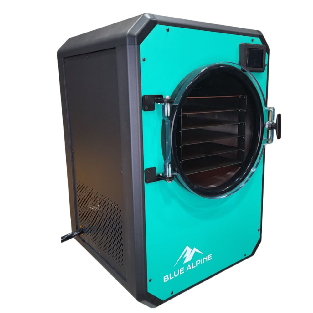 Blue Alpine angle view medium elite freeze dryer featuring a bright teal front panel, black side, and a circular transparent door with a black interior.
