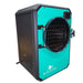 Blue Alpine angle view medium elite freeze dryer featuring a bright teal front panel, black side, and a circular transparent door with a black interior.