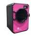Blue Alpine angle view medium elite freeze dryer featuring a bright pink front panel, black side, and a circular transparent door with a black interior.
