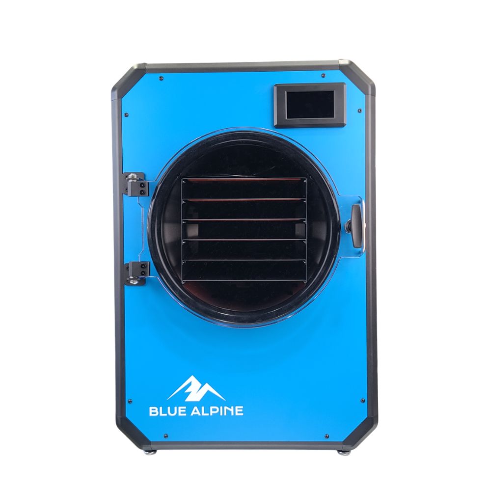Blue Alpine angle view medium elite freeze dryer featuring a bright blue front panel, black side, and a circular transparent door with a black interior.