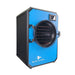 Blue Alpine angle view medium elite freeze dryer featuring a bright blue front panel, black side, and a circular transparent door with a black interior.
