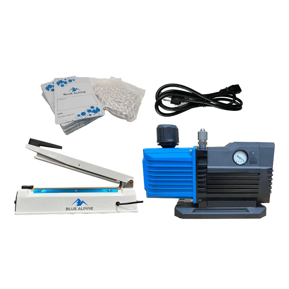 Blue Alpine vacuum pump kit with a blue and black vacuum pump, black power cord, white heat sealer, mylar bags, and oxygen absorbers on a white background.