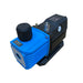 A blue and black vacuum pump with a black rotary knob, silver metal fittings, and a small gauge, shown on a plain white background.