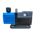 A vacuum pump with a bright blue ribbed motor housing and a dark gray/black metal pump body, base, and fittings, featuring a round pressure gauge on the side.