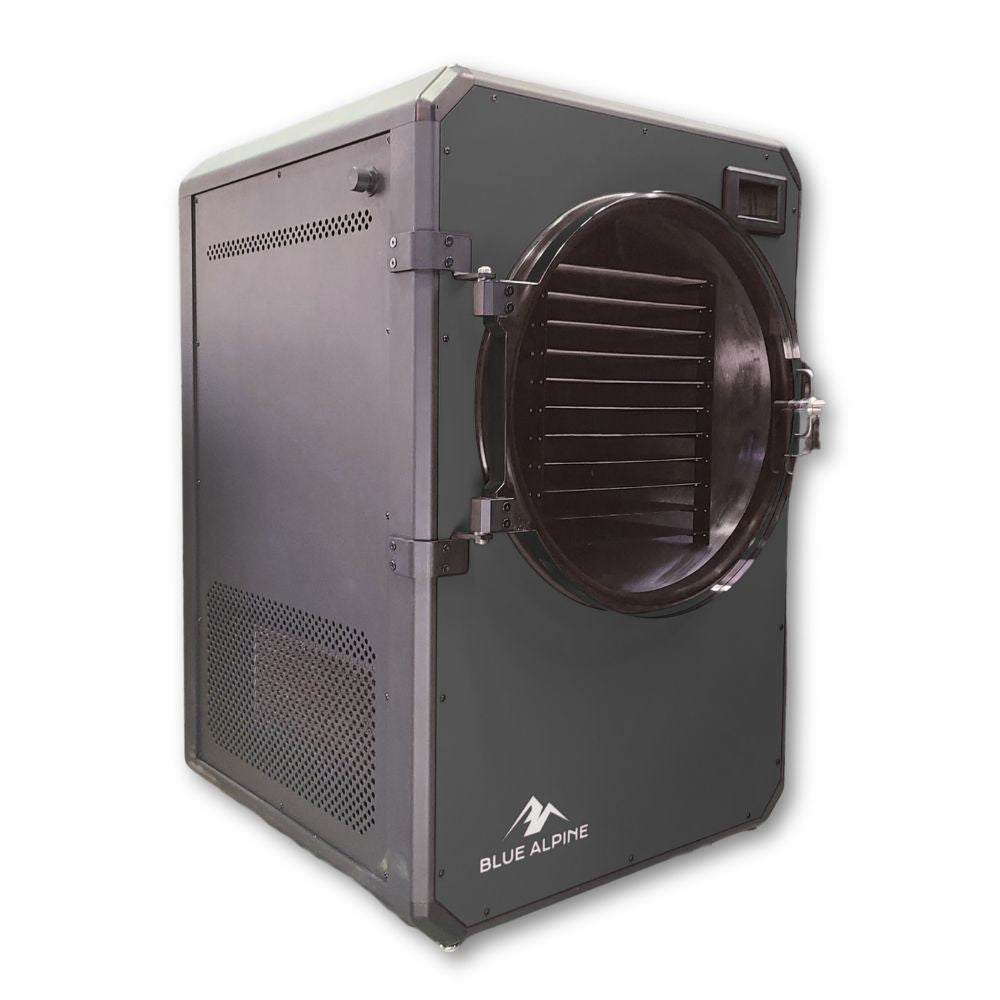 Blue Alpine XL Commercial Freeze Dryer in Midnight Black, angled view on a white background.