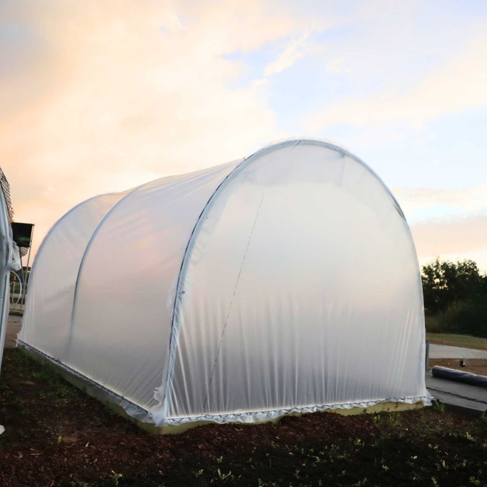 Rear view of Bootstrap Farmer 10' x 12' Hobby Greenhouse with roll-up side ventilation