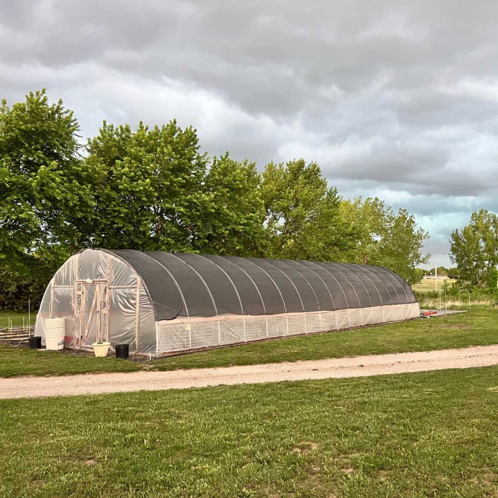Bootstrap Farmer 12' DIY Hoop House kit exterior sitting in a grassy field with gray clouds.