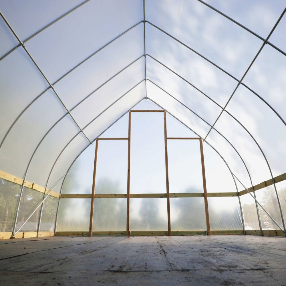 Interior view of the Bootstrap Farmer DIY Gothic Greenhouse showing the tall Gothic arch frame and interior headroom