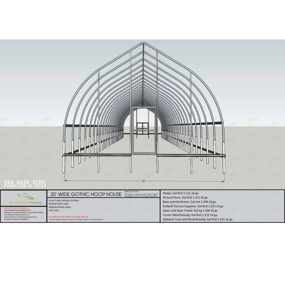 Diagram of the 20' Bootstrap Farmer Gothic High Tunnel.