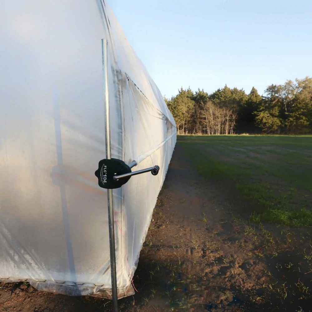 Corner of the Bootstrap Farmer Gothic High Tunnel with the optional roll up add on.